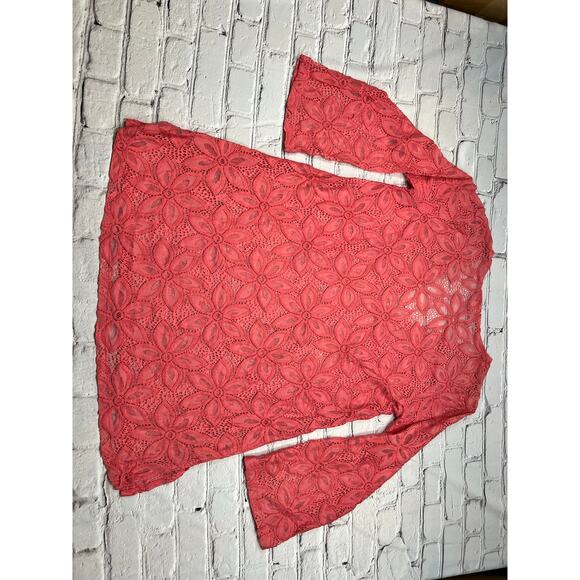 Serene Beach Pool Coverup V-neck Coral Pink Floral Mesh pullover Large A749 - Picture 4 of 5